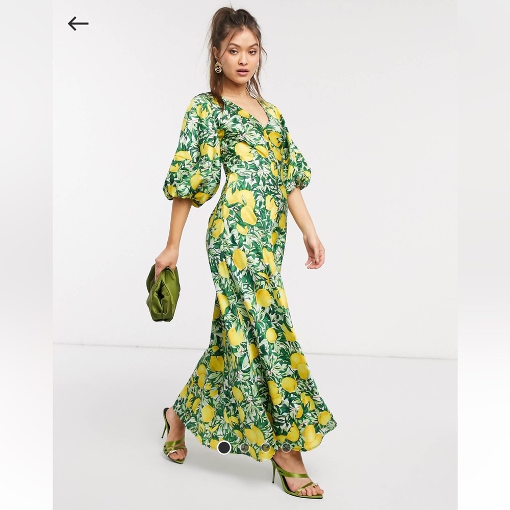 ASOS design Satin Trapeze puff sleeve Lemon Print - Coastal Italy Inspired